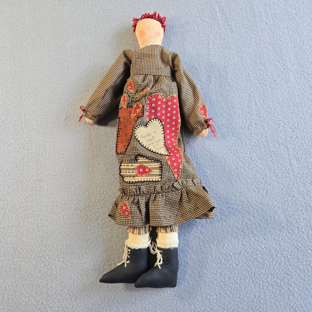 Unbranded Rag Doll Unisex 15in Brown Gingham Heart Applique Primitive Folk Art